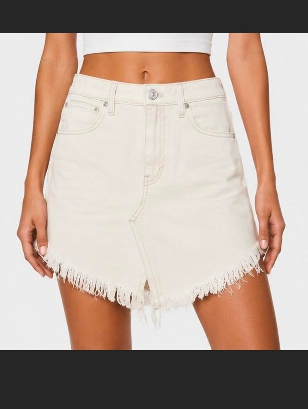 Free People Ivory Frayed Hem Denim Skirt